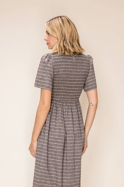 Striped Smocked Midi Dress: Shadow Grey / S - Lulu Bella Boutique