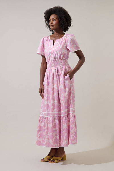 Daney Floral Ordy Smocked Midi Dress: PINK-CREAM / XS - Lulu Bella Boutique