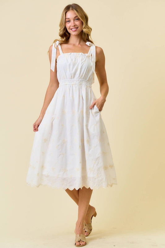EMBROIDERED SCALLOP EYELET TIE SHOULDER MIDI DRESS - 28286D: IVORY/NATURAL / S - Lulu Bella Boutique