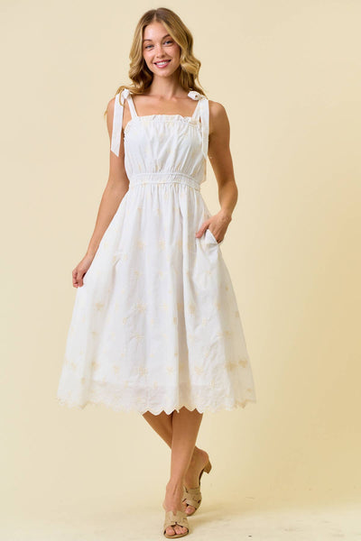 EMBROIDERED SCALLOP EYELET TIE SHOULDER MIDI DRESS - 28286D: IVORY/NATURAL / S - Lulu Bella Boutique