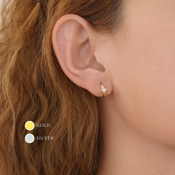 E168 star huggie earring, star huggies, star hoop, starburst: Yellow Gold