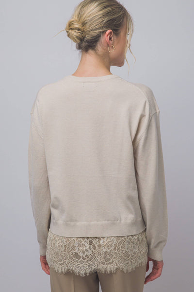 Lace-hem V-neck Sweater: Oatmeal