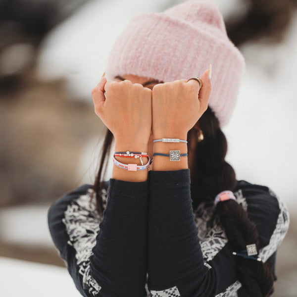 "Aprés" Blue, Red & Pink with Silver Snow & Winter Accent Hair Tie Bracelets: Medium