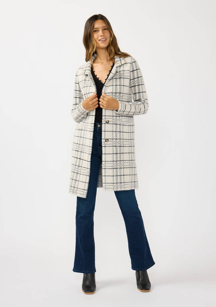 Plaid Notched Collar Button Front Cardigan: Cream/Black