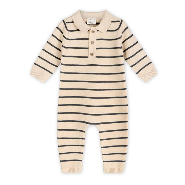 Stripe & Collar Knit Jumpsuit (Organic Cotton): Oatmeal