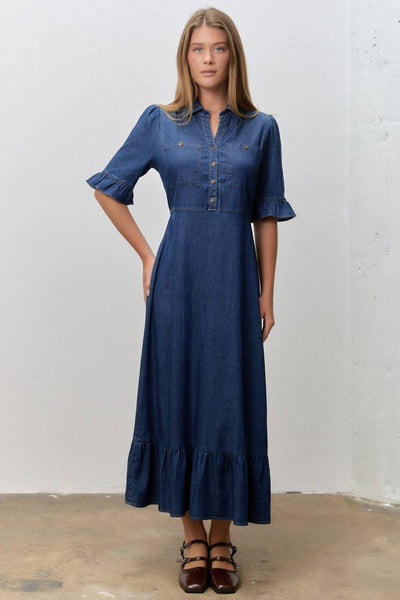 Short Sleeve Tiered Denim Midi Shirt Dress: MEDIUM DENIM