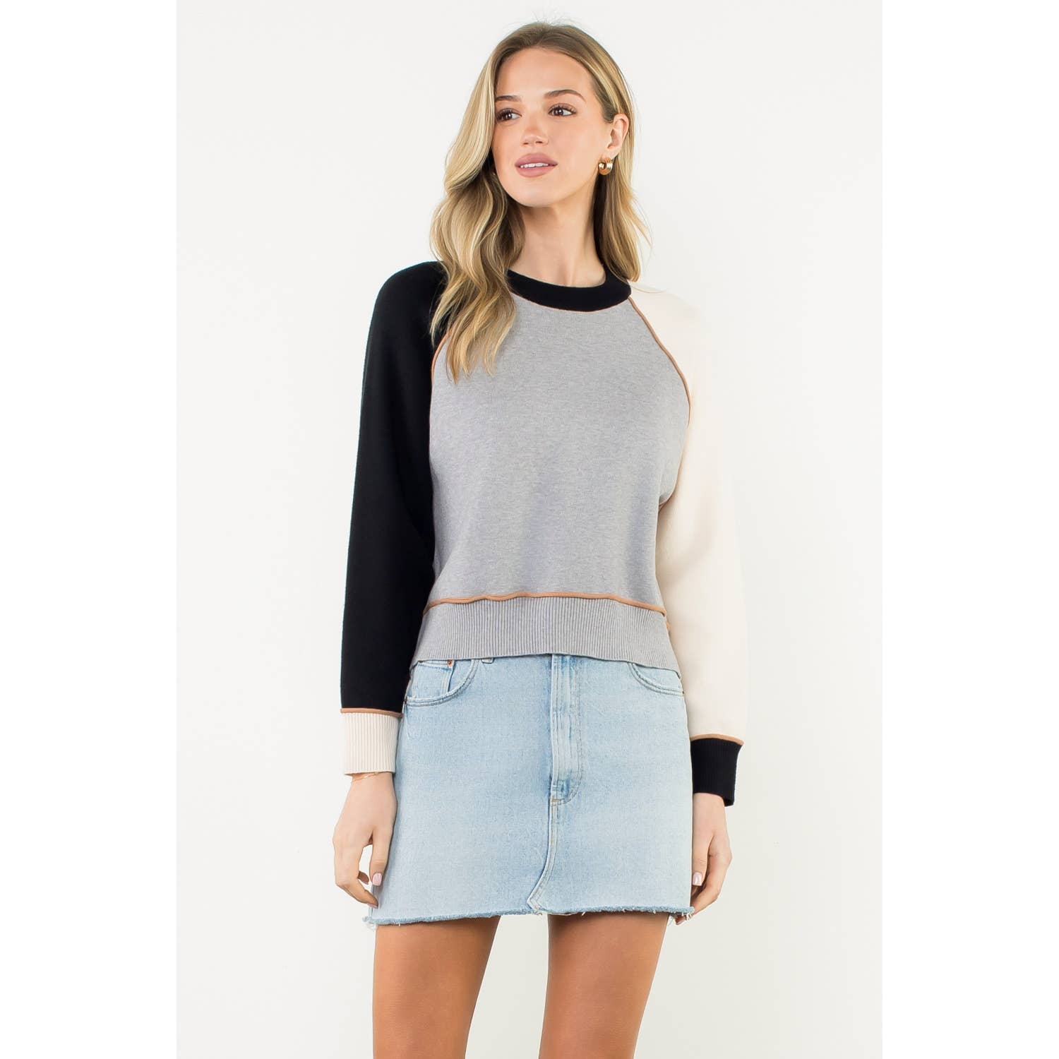 Colorblock Long Sleeve Knit Top: GRAY / XS-S-M-L(1-2-2-1) - Lulu Bella Boutique