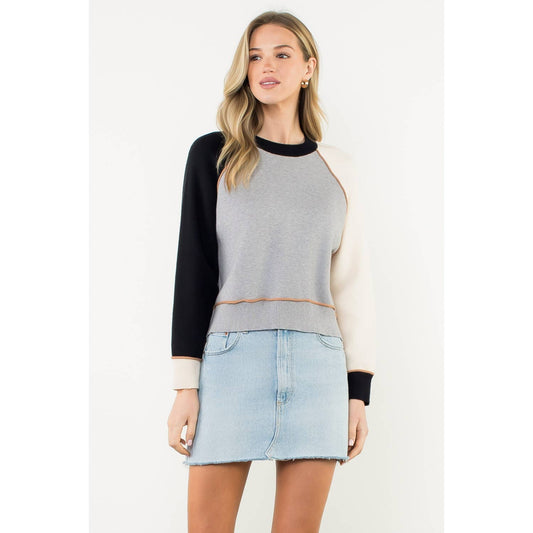 Colorblock Long Sleeve Knit Top: GRAY / XS-S-M-L(1-2-2-1) - Lulu Bella Boutique