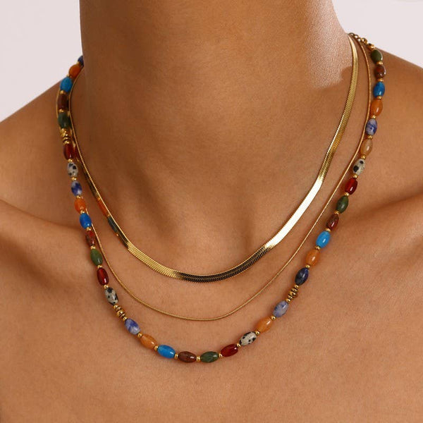 NATURAL STONE  STAINLESS STEEL LAYERED NECKLACE: GOLD