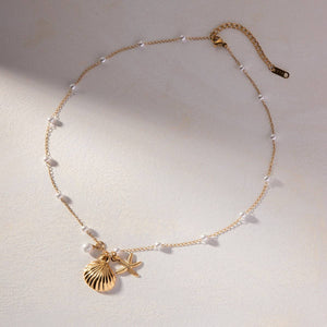 OCEAN SERIES PEARL STARFISH SHELL NECKLACE_CWAJE1366: GOLD / (OS) 2 - Lulu Bella Boutique