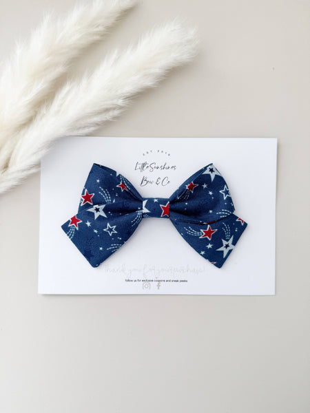 Blue & Red Stars 4th of July Pinwheel Hair Bow: Pigtail Set - Lulu Bella Boutique