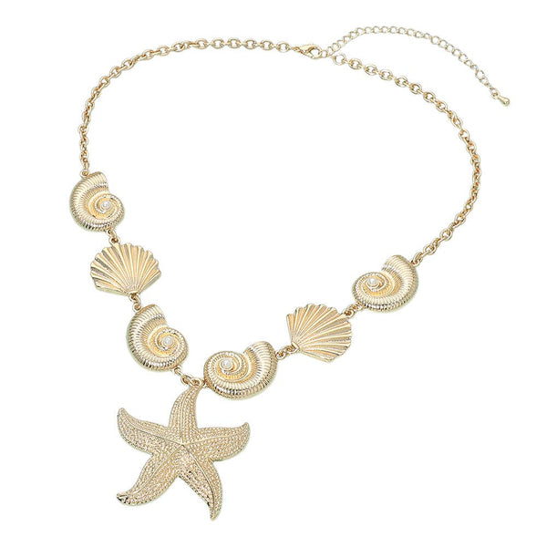 Textured Starfish Pendant Accent Pearl Center Shell Link Statement Necklace - Lulu Bella Boutique