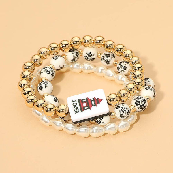 3PCS - Mahjong Charm Accent Floral Pearl Beaded Stretch Multi Layered Bracelets: Black,Gold