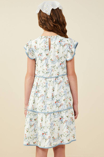 Girls Floral Ribbon Print Contrast Trim Dress: Blue