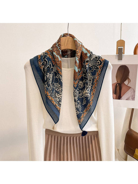 Retro Floral Print Tassel Square Scarf: Navy
