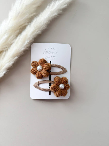 Knit Pearl Flower Hair Clips & Headbands: Cream / Pigtail Set - Lulu Bella Boutique