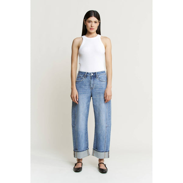HIGH RISE BARREL-LEG DETAILING CUFFED HEM: DUSTY SKY / 24 - Lulu Bella Boutique