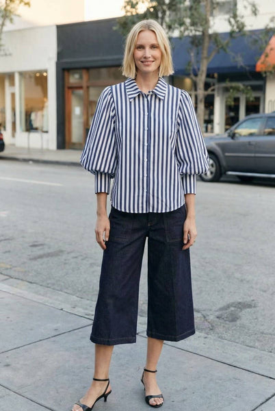 Stripe Print Collared 3/4 Balloon Sleeve Shirt VT83527: Navy / S - Lulu Bella Boutique