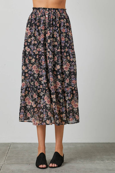 FLORAL PRINT BUTTON FRONT SKIRT: BLACK MULTI - Lulu Bella Boutique