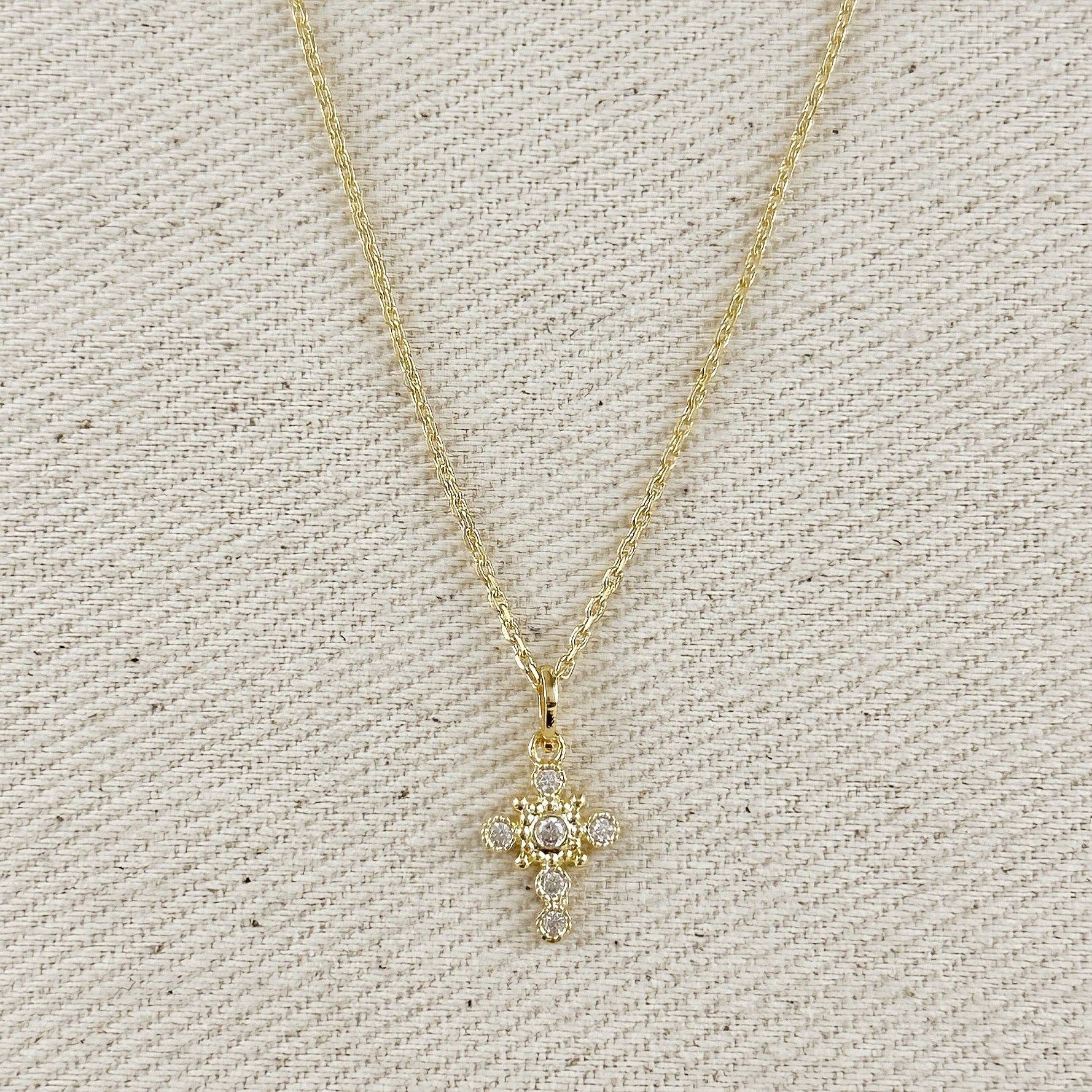 18k Gold Filled Bezel Cross CZ Necklace - Lulu Bella Boutique