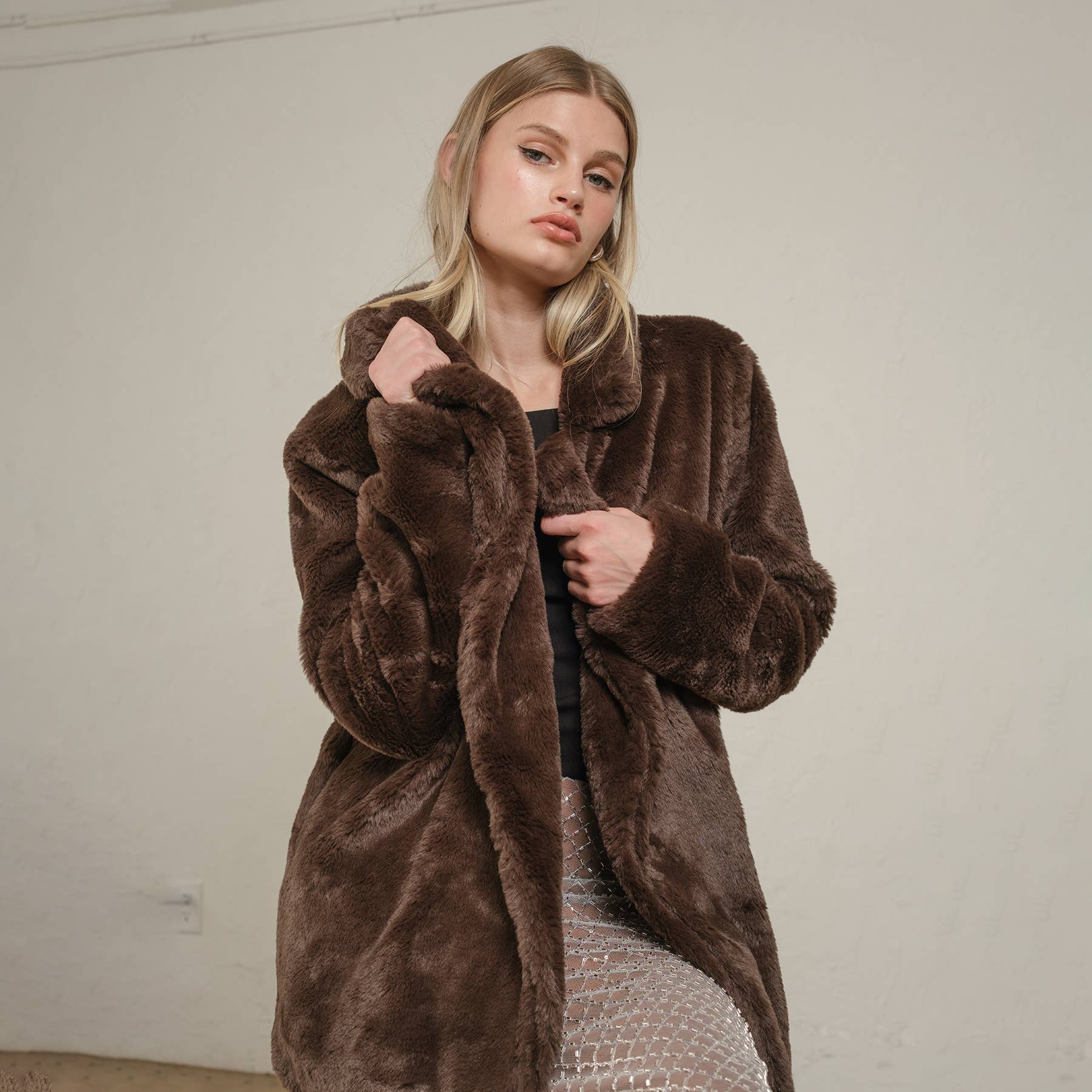 Chocolate Faux Fur Open Front Jacket: CHOCOLATE