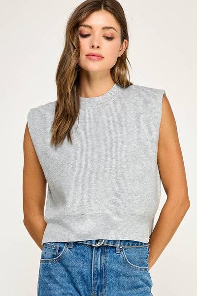 RIBBED SLEEVELESS KNIT TOP: Grey Melange / S - Lulu Bella Boutique