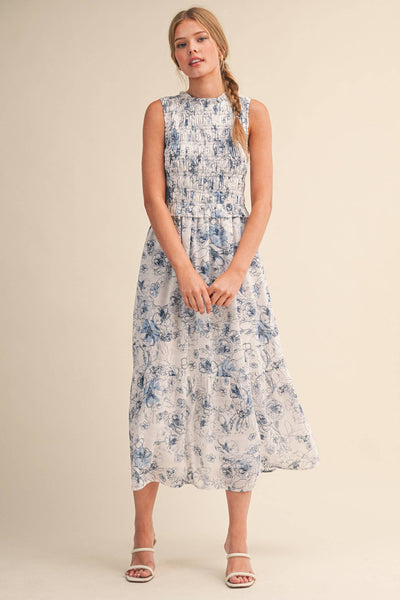 EXCLUSIVE FLORAL PRINT SMOCKED MIDI DRESS MDR4633: IVORY BLUE FLORAL / S - Lulu Bella Boutique