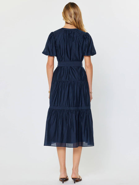 Short Puff Sleeve Tiered Midi Dress: Navy / XS - Lulu Bella Boutique