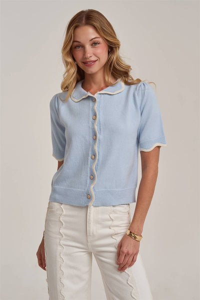 SCALLOPED BUTTON FRONT CARDIGAN WITH PETER PAN COLLAR: BLUE/IVORY / S-M-L(2-2-2) - Lulu Bella Boutique