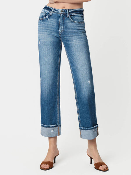 HIGH RISE MEDIUM DARK WASH CUFFED SLIM WIDE JEANS F5992: DARK STONE / 26 - Lulu Bella Boutique