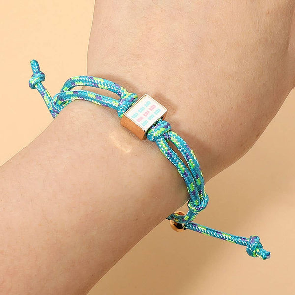 Mahjong Tile Charm Accent Knotted Cord Adjustable Cinch Pull Tie Bracelet: Gold,Turquoise - Lulu Bella Boutique
