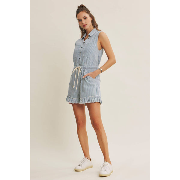 SUN-FILLED DAYS BREEZY COTTON STRIPE BUTTON-FRONT ROMPER: LT. BLUE / S - Lulu Bella Boutique