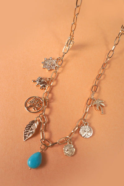 CHARM NECKLACE-TURQ TREE LEAF ELEPHANT | 40NK364: Gold