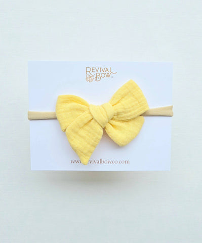 Small Pinwheel Bow on Headband • Yellow Gauze - Lulu Bella Boutique