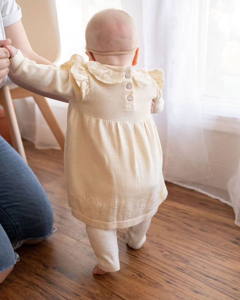 Milan Ruffle Collar Pointelle Knit Baby Dress - Organic: Cream