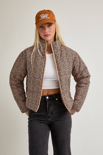 ANIMAL PRINTED PUFFER JACKET: TAUPE-BROWN ANIMAL
