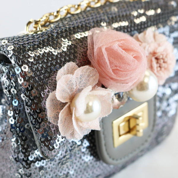 B1301 Floral Appliques Sequin Purse (5 Colors): Purple