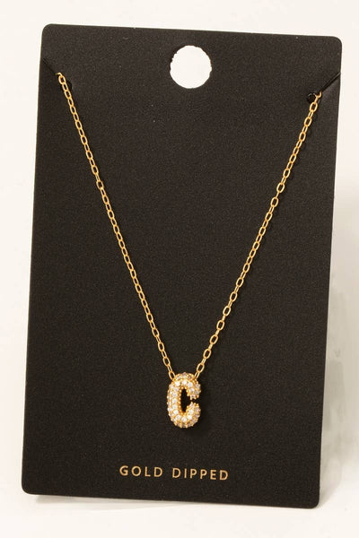 Gold Dipped Cz Pave Bubble Letter Pendant Necklace: E - Lulu Bella Boutique