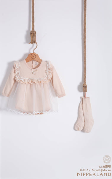 Knit Baby Dress with Lace Accents & Matching Knitted Socks: Pink / 6-12M - Lulu Bella Boutique