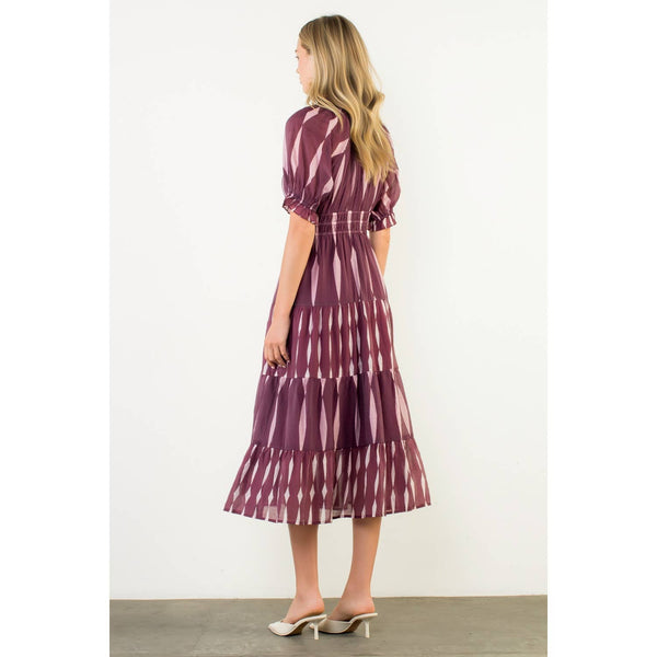 Short Sleeve Pattern Maxi Dress: BURGUNDY