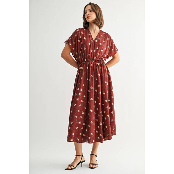 FLOWER PRINTED CRINKLE SATIN DRESS: Rust