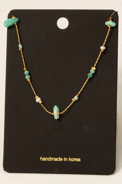 Pearl And Chip Stone Station Beads Chain Necklace: PK - Lulu Bella Boutique