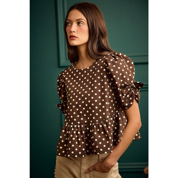 POLKA DOT BOW DETAIL SHORT SLEEVES PEPLUM TOP: BROWN/IVORY