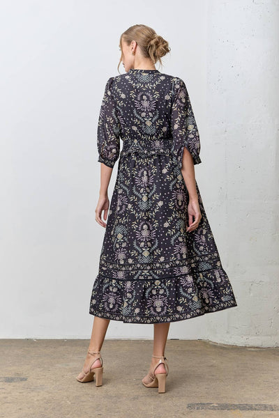 PRINTED V-NECK MIDI DRESS: BLACK MULTI