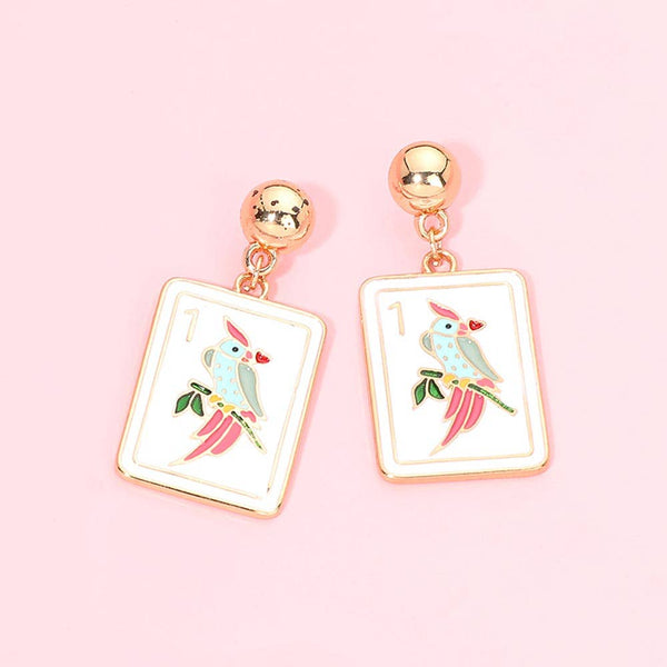 Bird Mahjong Tile Charm Drop Dangle Earrings