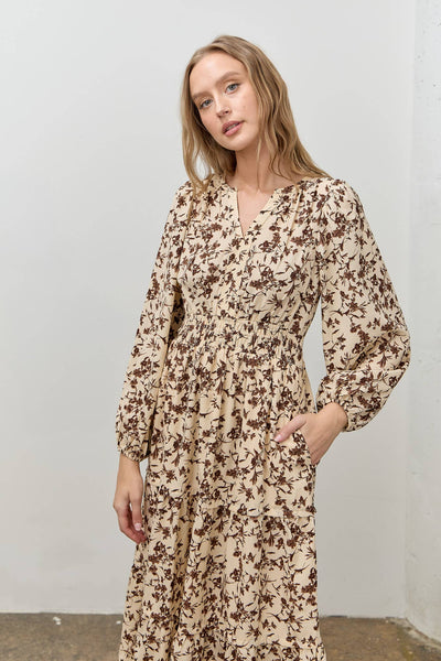 FLORAL PRINT LONG SLEEVE MIDI DRESS: CREAM MULTI
