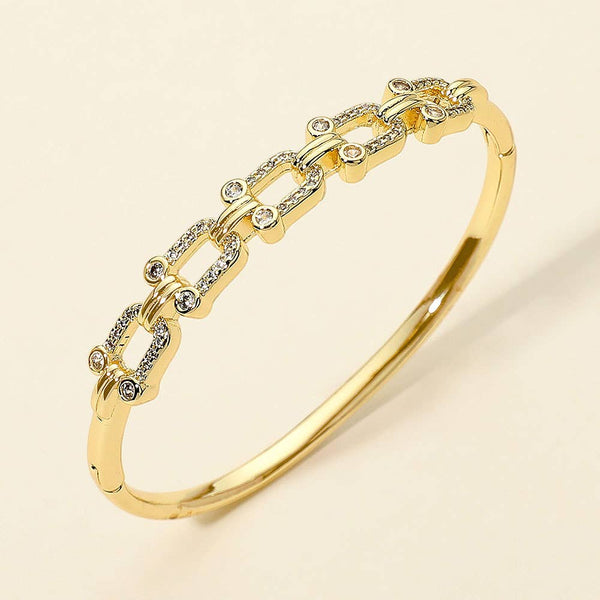 CZ Pave Industrial Chain Link Hinged Bangle Bracelet: Gold