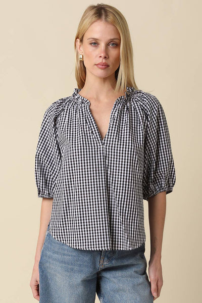 Haylee Gingham Puff-Sleeve Shirt: Black / Contemporary / S - Lulu Bella Boutique
