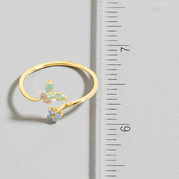 Gold Dipped Cz Butterfly And Flower Band Open Ring