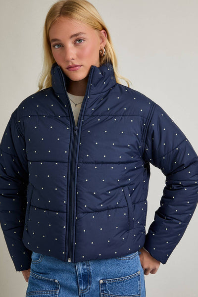 FLORAL DOT PRINTED PUFFER JACKET: NAVY-BUTTER DOT